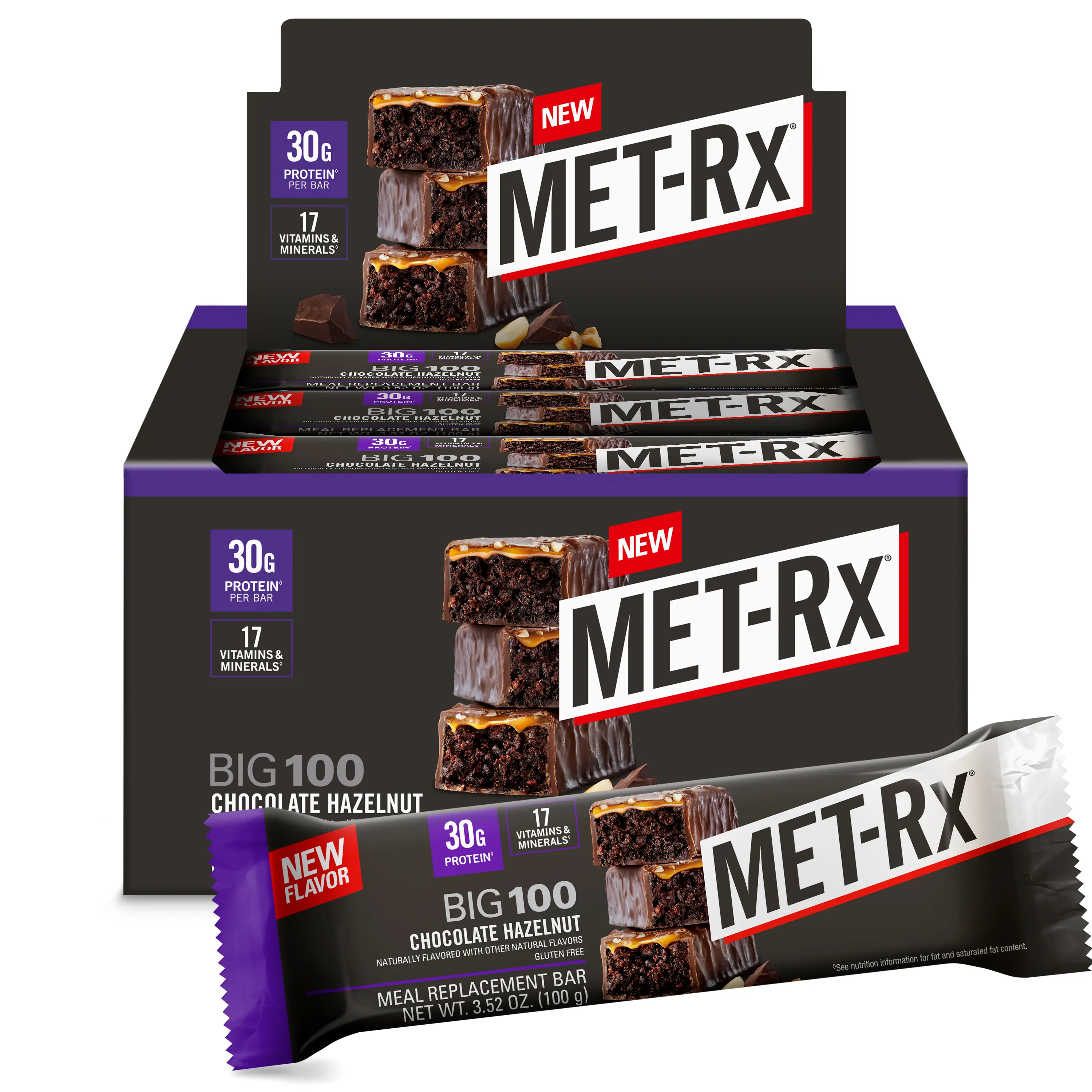 MET-Rx Big 100 Chocolate Hazelnut Protein Bars | 30g Protein | 9 Bars | Meal Replacement | METAMYOSYN Blend