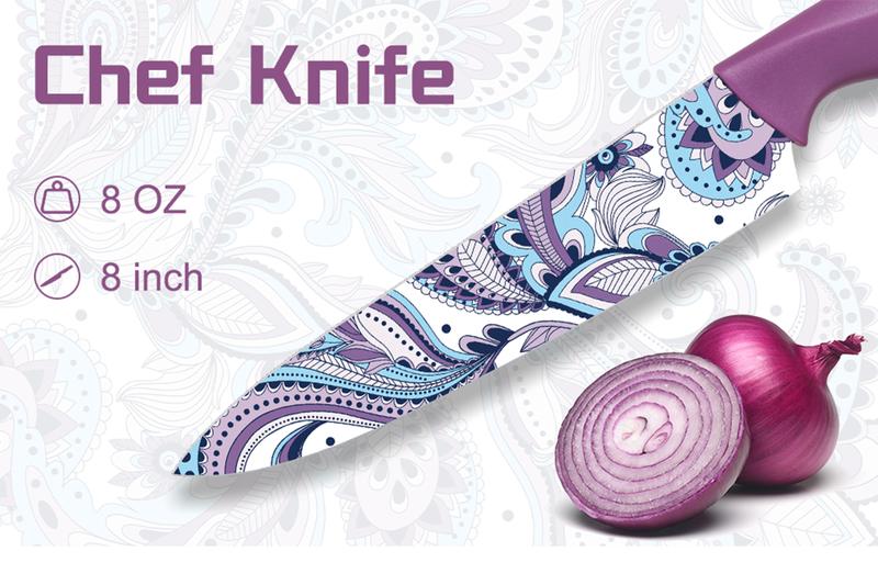 Astercook Paisley Knife Set – Cook with Love, A Thoughtful Valentine’s Day Gift for Home Cooks, 6-Piece Colorful Kitchen Knife Set Utensils Breadknife Kitchenware Block