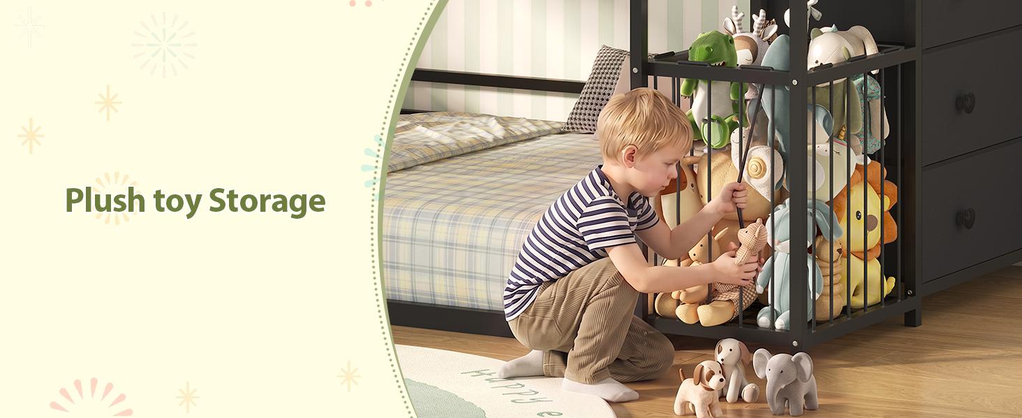 Twin Size Montessori Floor Bed with LED Night Light & Safety Guardrail, House Bed Floor Bed Twin with Drawers, Bookshelf storage & Plush Toy Storage Cage, Playhouse Bed Frame for Bedroom, Nursery, Black