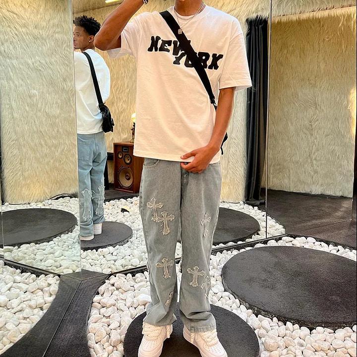 Sopula Studio Men's Streetwear Denim Cross Embroidery Jeans Ripped Straight Leg Blue Skateboard trousers SpringStatements