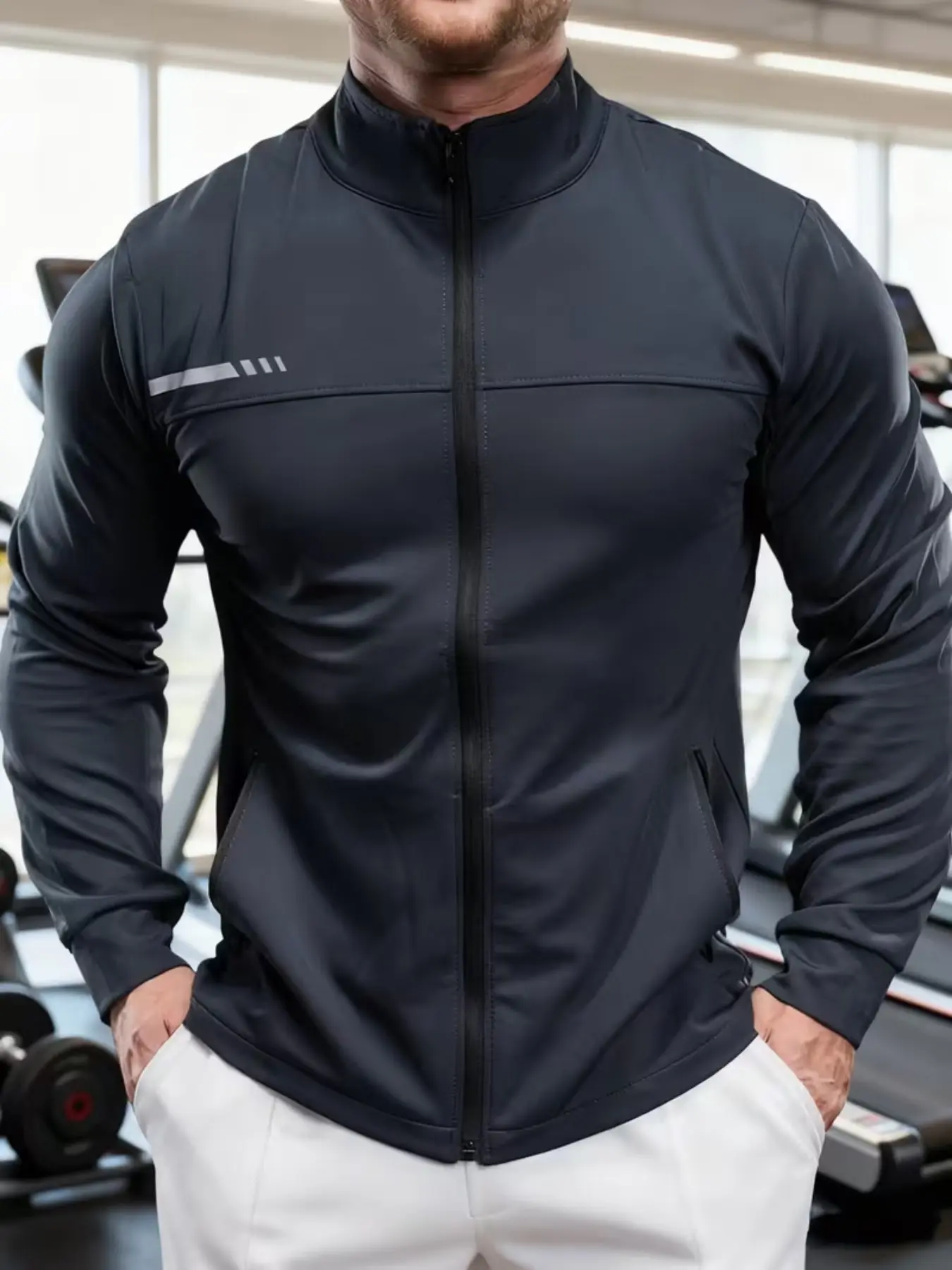 Trendy Men's Sports Fitness Long Sleeve Running Jacket, Zip Front Jacket, Spring Summer Quick Dry Compression Top for Active Training Wear, Workout Jacket, Workout Clothes