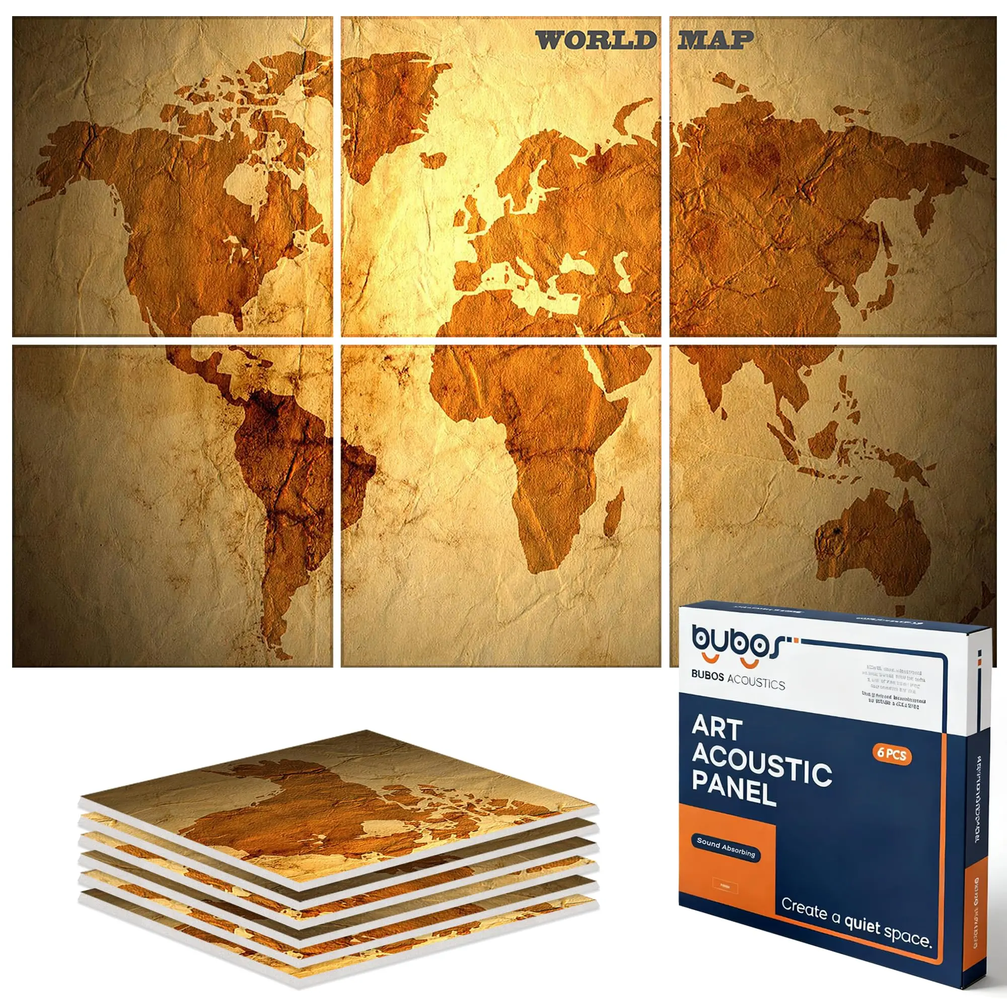 BUBOS 6 Pack Self-Adhesive Acoustic Wall Panels,70.8" x 47.2" Sound Panels Noise Reducing for Wall,Decorative Acoustic Panel Sound Absorbing,Sound Proofing Panel for Studio, Home,Office(World Map)