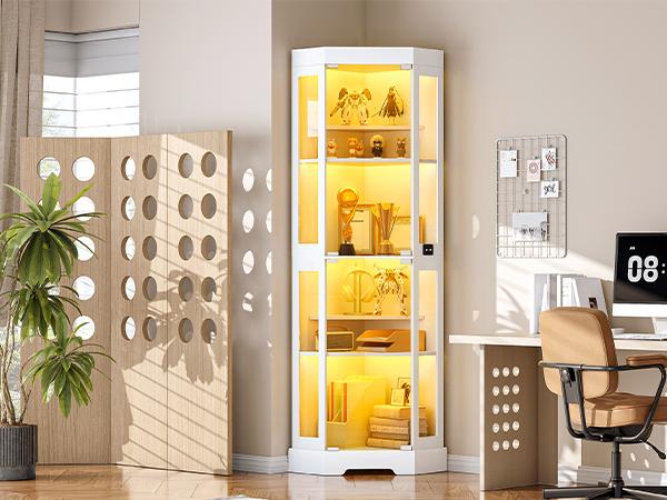 HOOBRO Corner Display Cabinet with Glass Doors, Corner Cabinet with 3 Color LED Lights, Curio Storage Cabinet with Adjustable Shelves, Bookcase, for Living Room, Hallway, Bedroom, Black