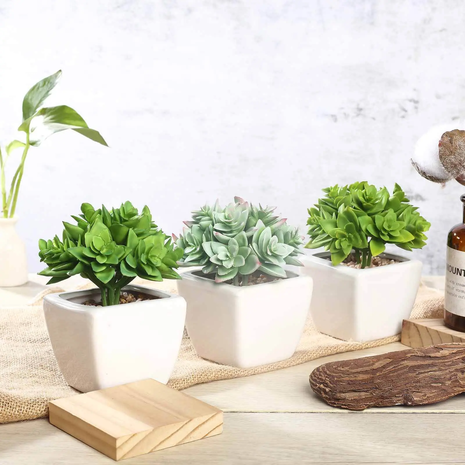 3-Pack Decorative Faux Echeveria Succulents in 4 in Ceramic Pots - Artificial Flower Decorations for Bathroom/Desk, Table Decor Home Supplies, Decorative Faux Flower