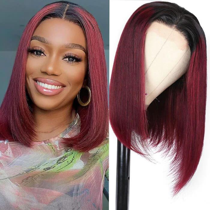 Pizazz Hair 1B/99J Burgundy Ombre Short Straight Bob Wigs Human Hair With Pre Plucked Hairline 220% Lace Frontal Human Hair Wigs