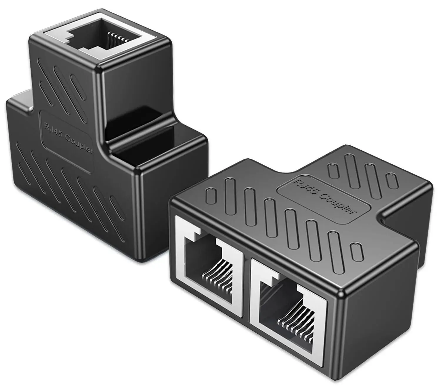 RJ45 Coupler 2-Pack, 1-to-2 Port Versatile Networking Ethernet Extender, In-Line Cat7 Cat6 Black Connector for Enhanced Data Transmission Connectivity