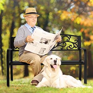 VINGLI Outdoor Bench for Patio Metal Garden Bench w/PVC Back Pattern, Black Park Bench Front Porch Bench for Yard Lawn Decor Deck Entryway