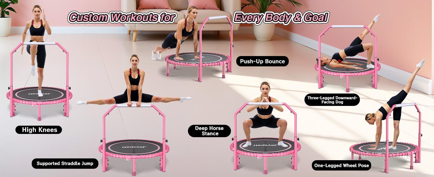 JoySpot 450 LBS Foldable Trampoline, 40" Indoor Fitness Rebounder with U-Shape Adjustable Foam Handle, Quiet Bungee Jump System & Cordless Jump Ropes, Indoor&Outdoor fitness, Yoga, for Adults