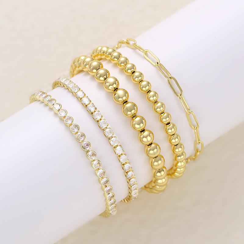 17KM 5PCS 16K Gold Plated Women's Bracelet Set with Sparkling Zircons Trendy Stackable Beaded & Chain Bracelets Non-Tarnish Jewelry for Gifts
