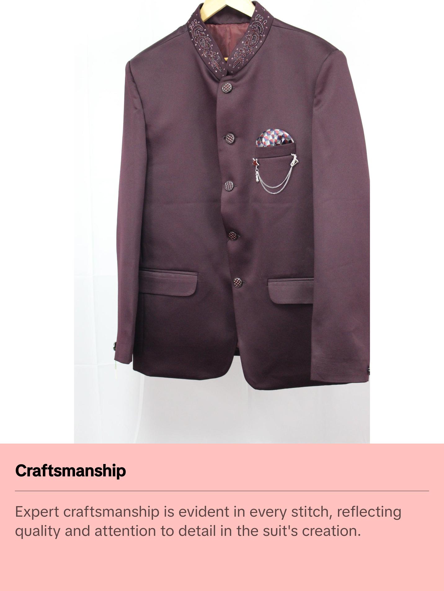 Burgundy Colored Two Piece Suit for Men with Hand Embroidered Collar