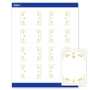 Avery Printable Rectangle Tags, 2" x 3", Matte White, Pre-printed Metallic Gold Christmas Trees Design, Sure Feed Technology, Laser & Inkjet Compatible, 160 Total