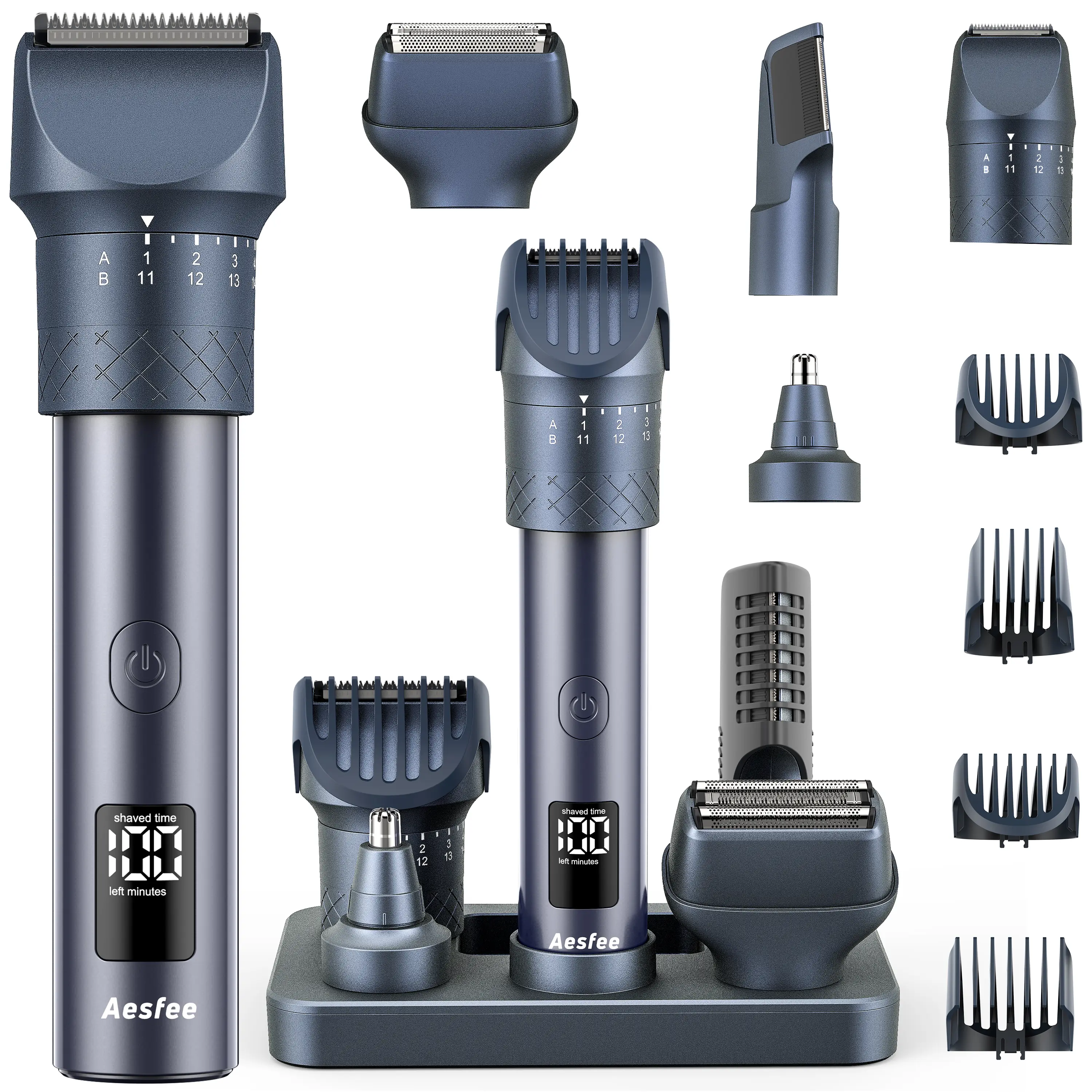 Aesfee Men's Cordless 5-in-1 USB Rechargeable Beard Trimmer Kit - Professional Barber Haircut Kit with Hair Clippers, Foil Shaver, Nose & Body Trimmers, Brush, USB-C Dock, 20-Setting Dial, Stainless Steel Blade, IPX7 Waterproof, Men's Gift, Usb Rechargeab