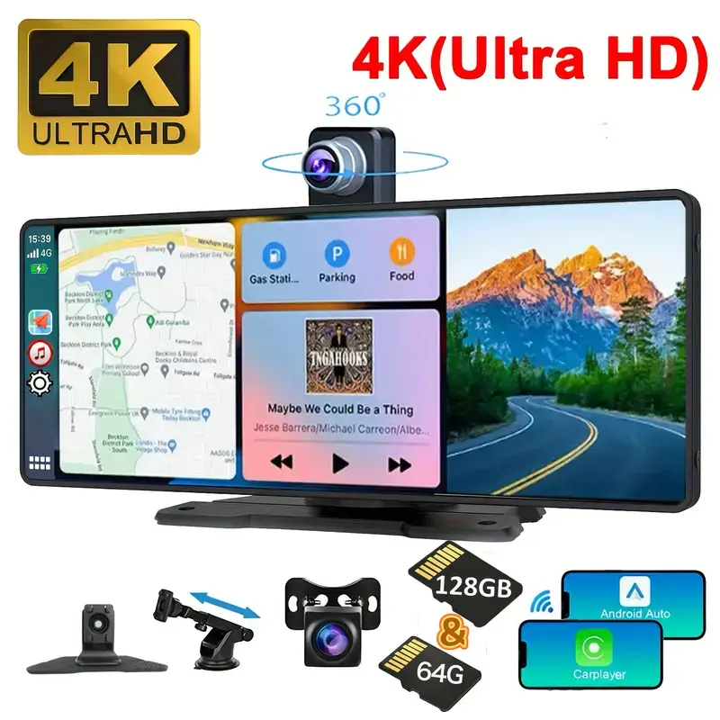 Cinandrow 10.26 Inch Portable Wireless CarPlay Android Auto Car Stereo 4K Dash Cam 2160p Backup Camera GPS Navigation Voice Control Mirror Link Smart Touchscreen Handsfree Calling Music Streaming Parking Assist Night Vision All Vehicles 2026 New Upgrade,,
