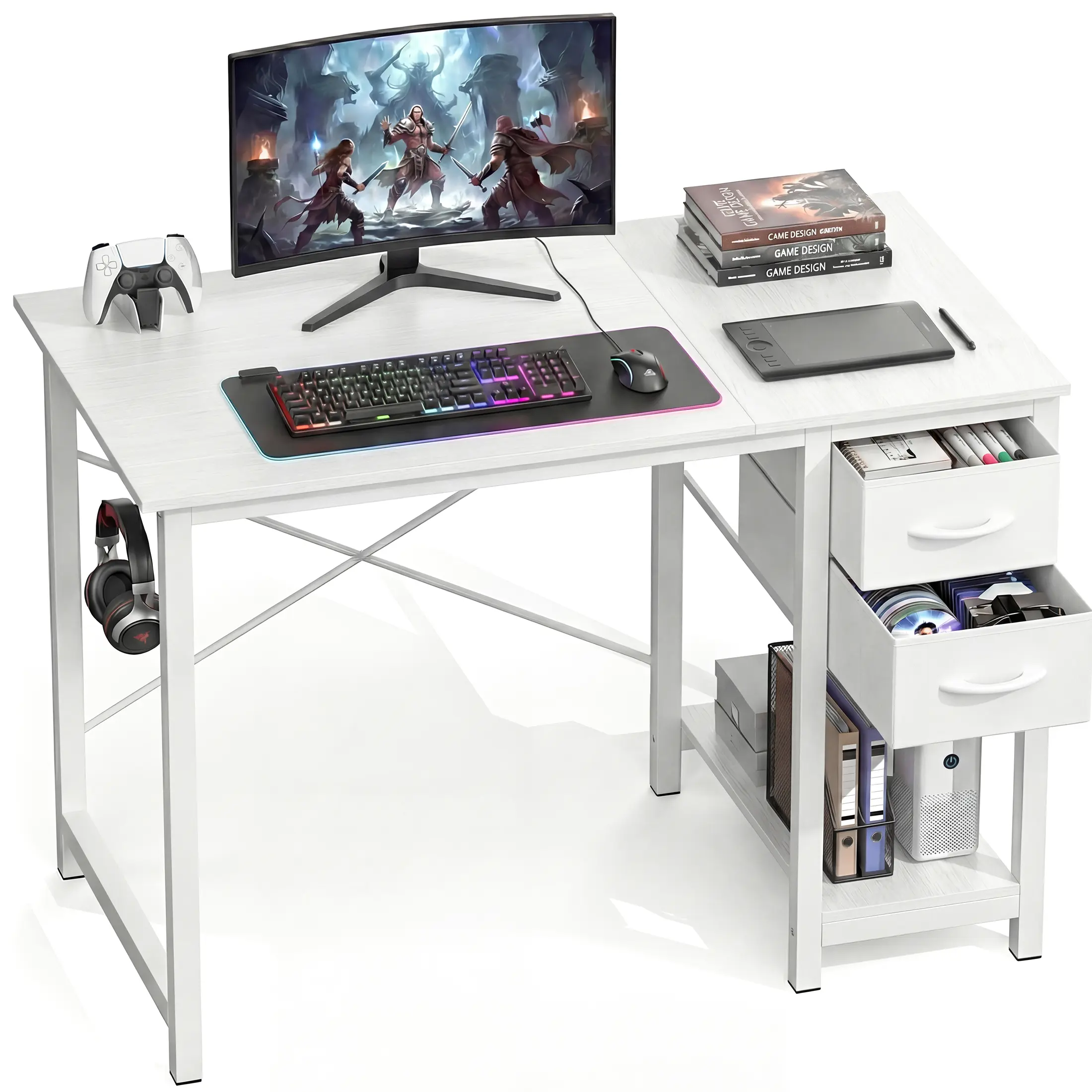 Computer PC Desk - Home Office Workstation with Drawers, X-Shaped Reinforcement, Sturdy Metal Frame, Side Hook, Modern Study Table