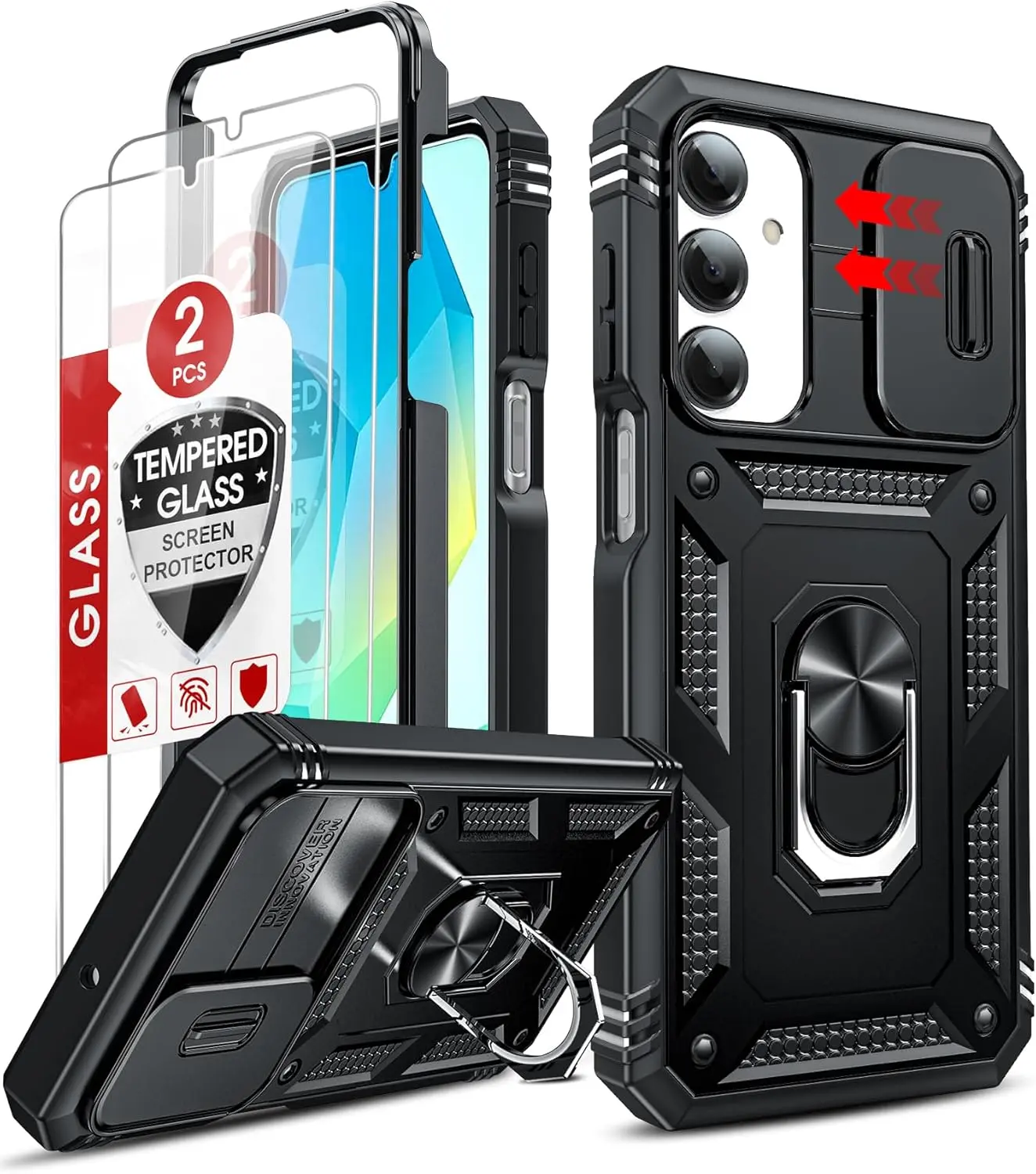 2 Pack Samsung Galaxy A17/A16 5G Case with Screen Protector & Camera Cover, Military-Grade Heavy Duty Shockproof Phone Case, Rugged Protective Cover for Samsung A17 & A16 5G, Black