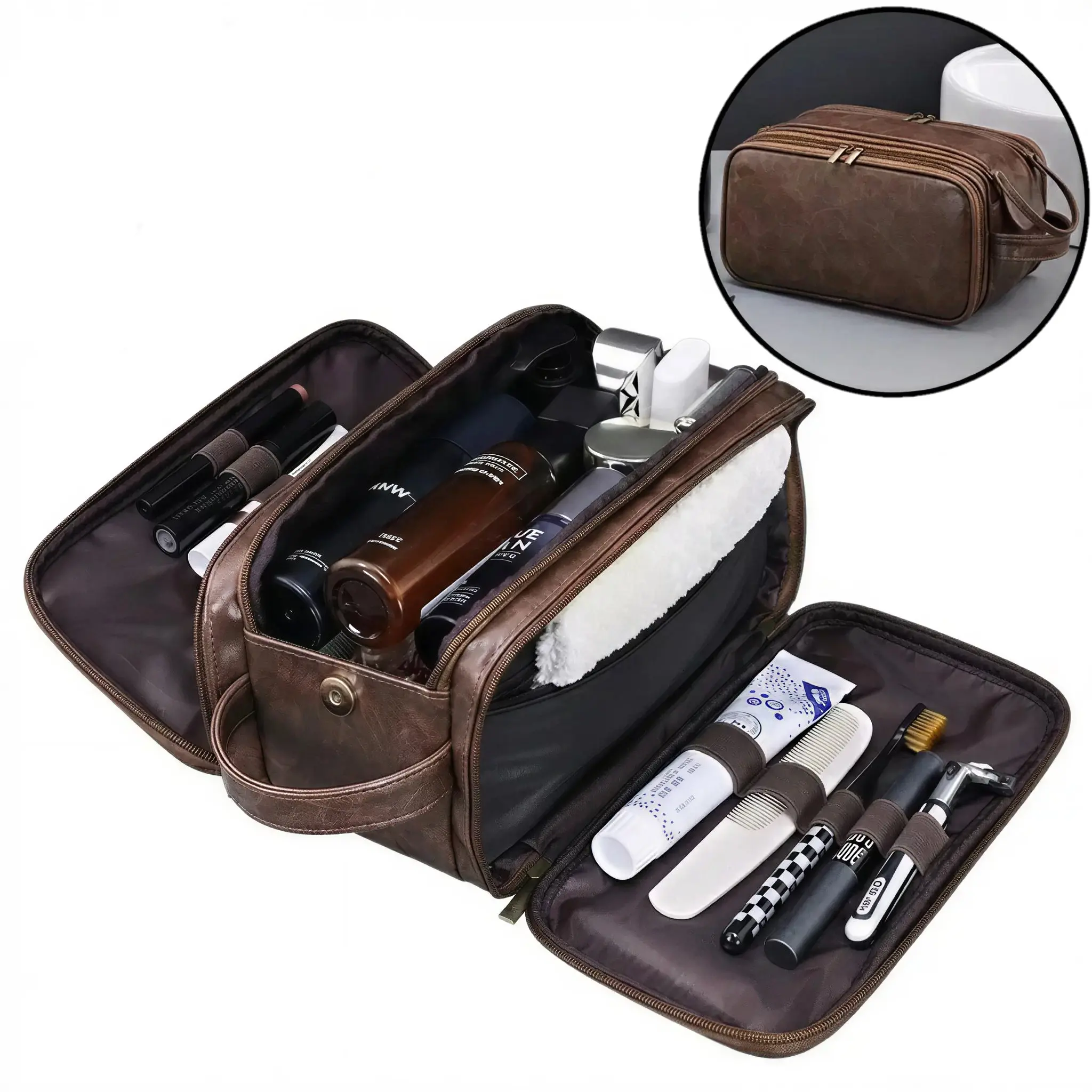 Men's Large Water-Resistant Hanging PU Leather Toiletry Bag - Dopp Kit with Wet-Dry Separation, Unique Father's Day Gift for Men