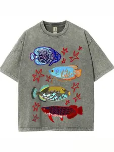 Washed, Fish Leaping Over the Dragon Gate Printed T-shirt, High-quality Batik Retro Fashion Brand T-shirt, Unisex T-shirt, Casual Attire T-shirt, Holiday Gift, Perfect Present. men  clothing