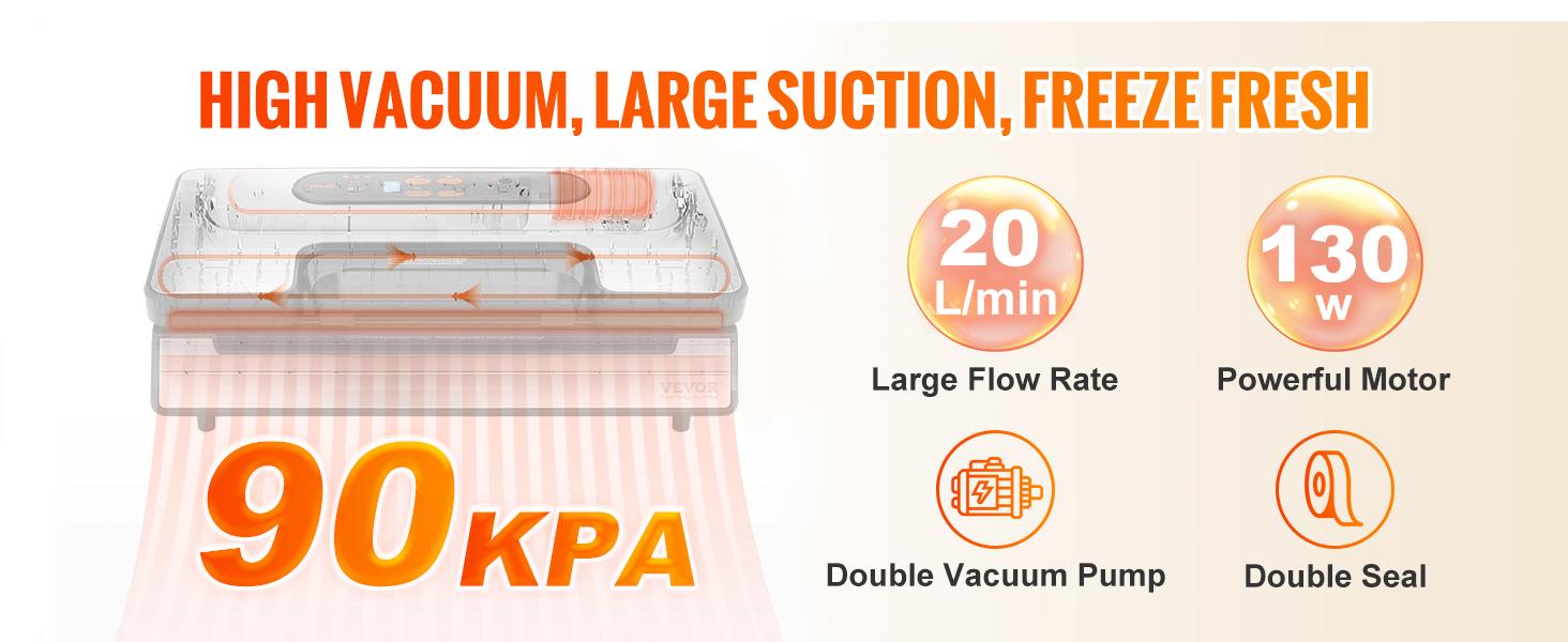 VEVOR Vacuum Sealer Machine, TikTokShopBlackFriday, 90Kpa 130W Powerful Dual Pump and Dual Sealing, Dry and Moist Food Storage, Automatic and Manual Air Sealing System with Built-in Cutter, with Seal Bag and External Hose