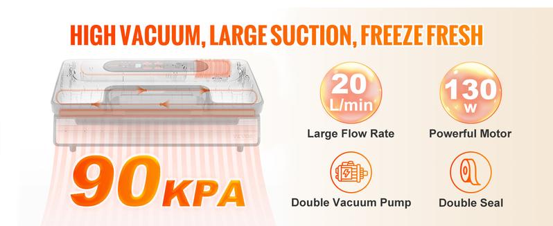 VEVOR Vacuum Sealer Machine, TikTokShopBlackFriday, 90Kpa 130W Powerful Dual Pump and Dual Sealing, Dry and Moist Food Storage, Automatic and Manual Air Sealing System with Built-in Cutter, with Seal Bag and External Hose