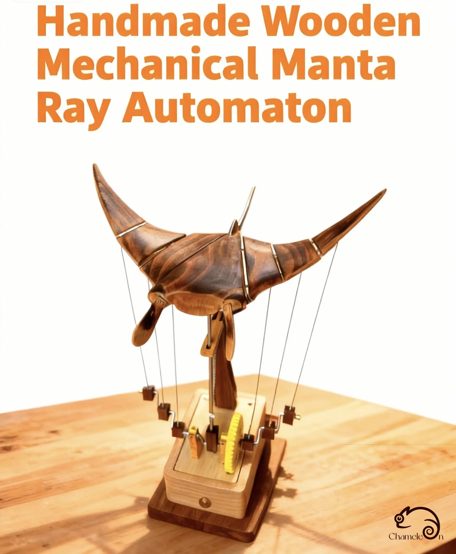 Artisan Wooden Manta Ray Automaton with External Gear, Coastal-Calm Motion, 400mAh Rechargeable Battery - Solid Beech & Black Walnut Collectible Figurine, Sculpture Desk Decor Ornament by