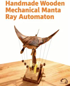 Artisan Wooden Manta Ray Automaton with External Gear Coastal-Calm Motion 400mAh Rechargeable Battery Decor Ornaments for Desk Decorative Fidget Figurine Collectible Sculptures in Solid Beech & Black Walnut
