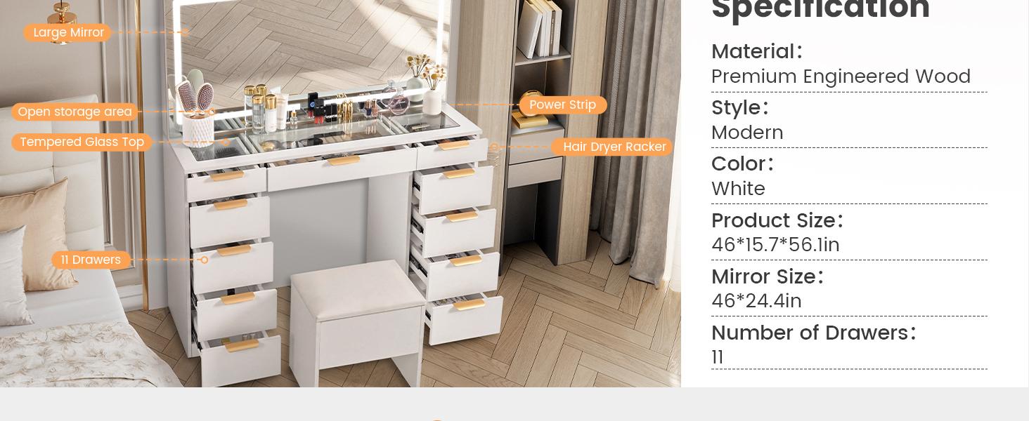 【2packages shipping】Makeup Vanity with Mirror and Drawers Vanity Desk Set with 3 Modes Adjustable Brightness Lights and USB Power Outlet