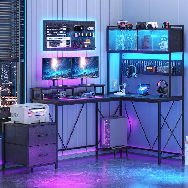 Kepptory L Shaped Gaming Desk, Home Office Computer Desk with Raised Display Stand, 2 Drawers and Glass Cabinets with LED Lights, Corner Desk with Storage Shelves, Power Outlet, Black