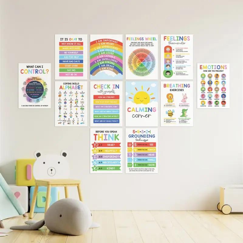 12Pcs 10x14 ESL Calming Posters for Kids - Emotions Chart & Zones of Regulation, Calm Down Corner Supplies, SEL Visual Learning Tools for Emotional Intelligence, Classroom Therapy & Counselor Office Decor,Counselor Office Educational Supplies