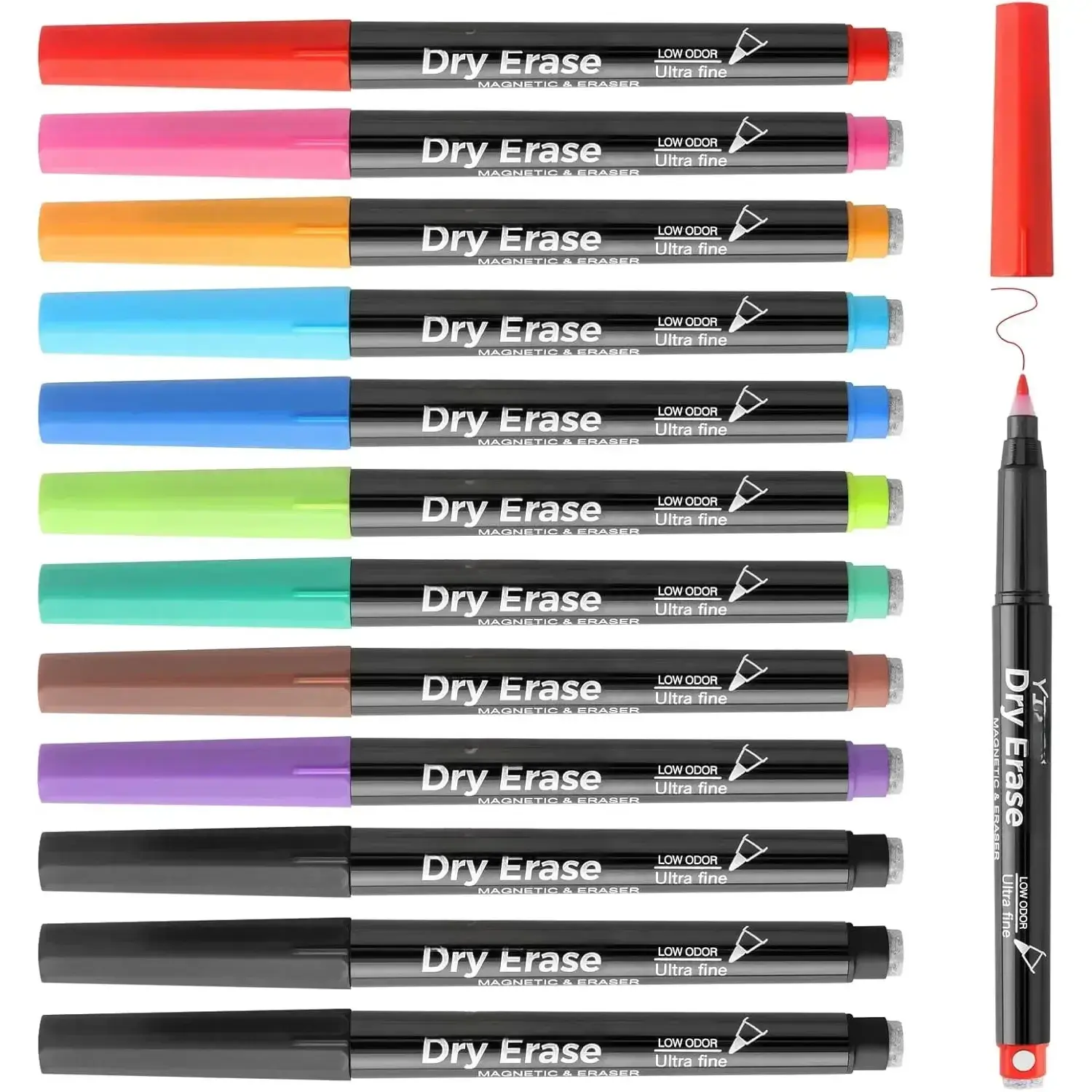 Dry Erase Markers Ultra Fine Tip,0.7mm Extra Fine Point, Magnetic Whiteboard Markers with Erasers,Assorted Colors, Low Odor,12 Count,70566
