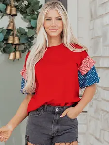 Stars Stripes Short Puff Sleeve Top, Made From A Soft, Breathable Cotton Fabric With High Stretch.