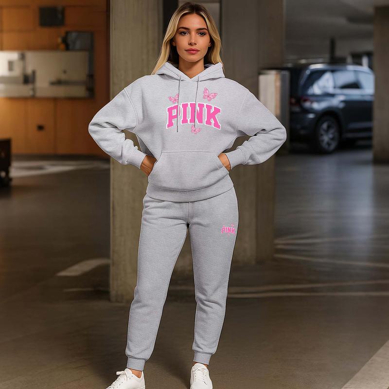 Women's Pink Butterfly Print Lips Print Hair And Sunglasses Hoodie And Drawstring Track Pants Set, Casual Sportswear, Long-Sleeved Hooded Jacket And Pants, Suitable For Autumn And Winter,  Indoor And Outdoor Sportswear, Casual Sportswear.