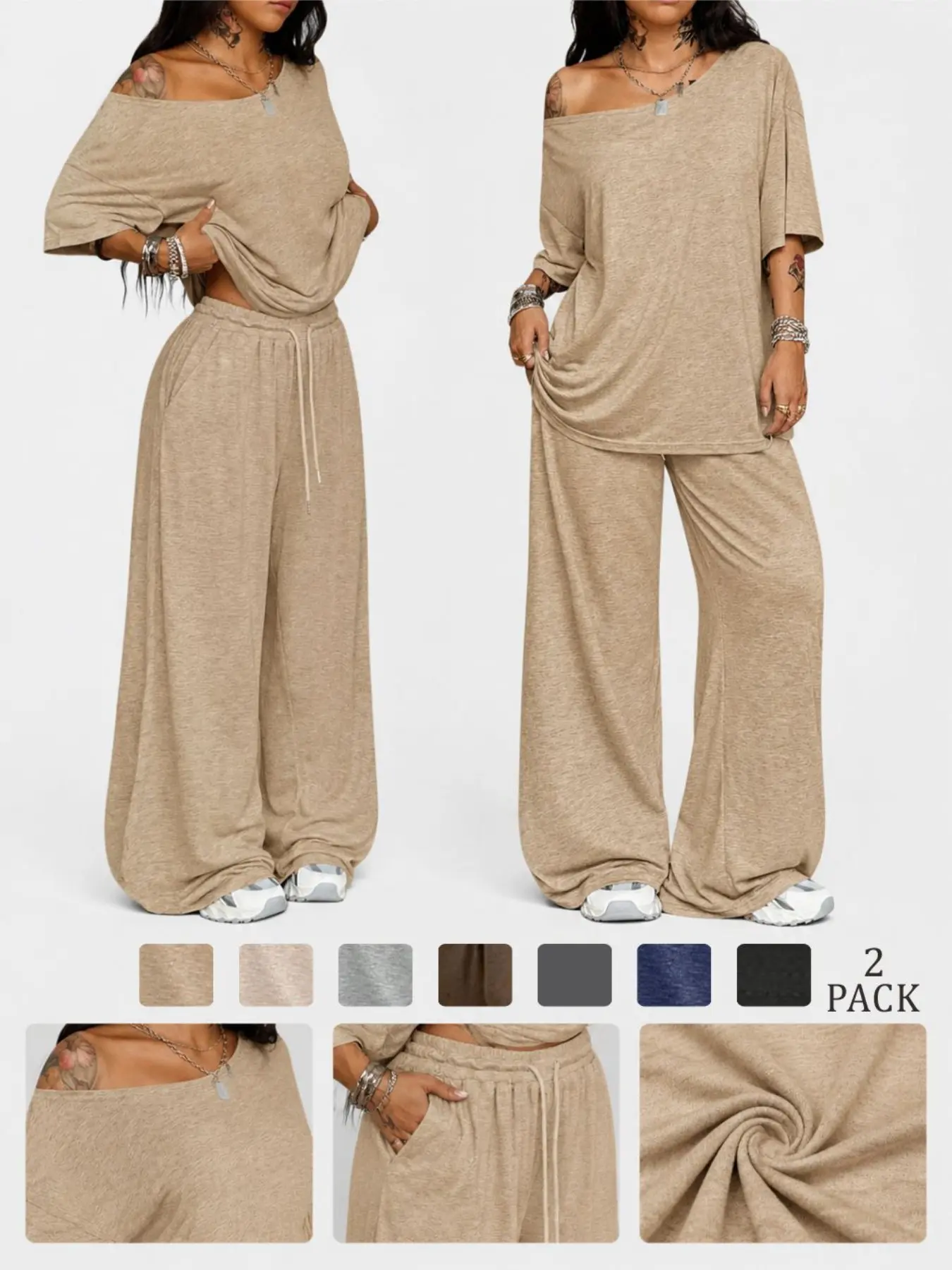 Women's Casual Solid Color Sport Two-Piece Set, Loose Long Pants & Wide Leg Slant Neck Pant Suit, Spring & Fall Fashion, Athleisure Outfit, Casual Activewear Set, Casual Sportswear Set, Athleisure Workout Set, Athletic Sets