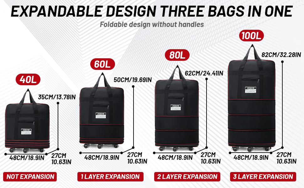 Expandable Travel Bag with Wheels, 100L Lightweight Foldable Luggage, Large Capacity Rolling Duffel Bag, Expandable Suitcase for Airplane Travel, Moving, Weekend Trips