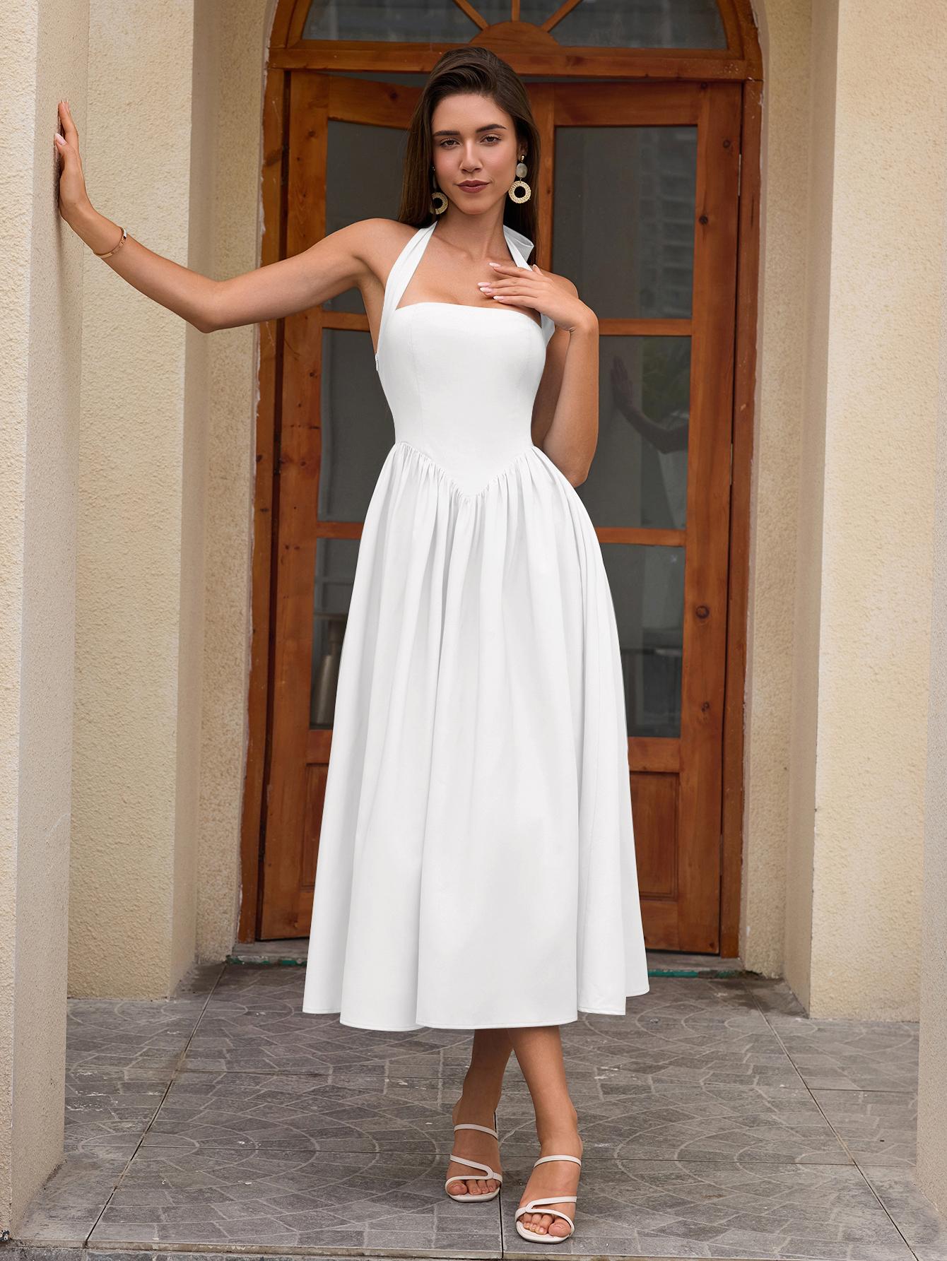 Halter Backless Smocking Tie A-line Dress, Elegant and Fashionable Party Date Dress