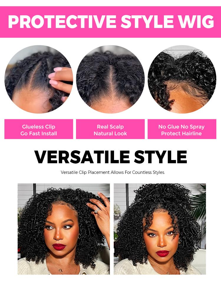 CurlyMe V Part Wig Kinky Straight Hair Glueless Wig Pre-plucked Natural Black 180% Human Hair Medium 22.5 Inch Cap USPS Shipping in 48H