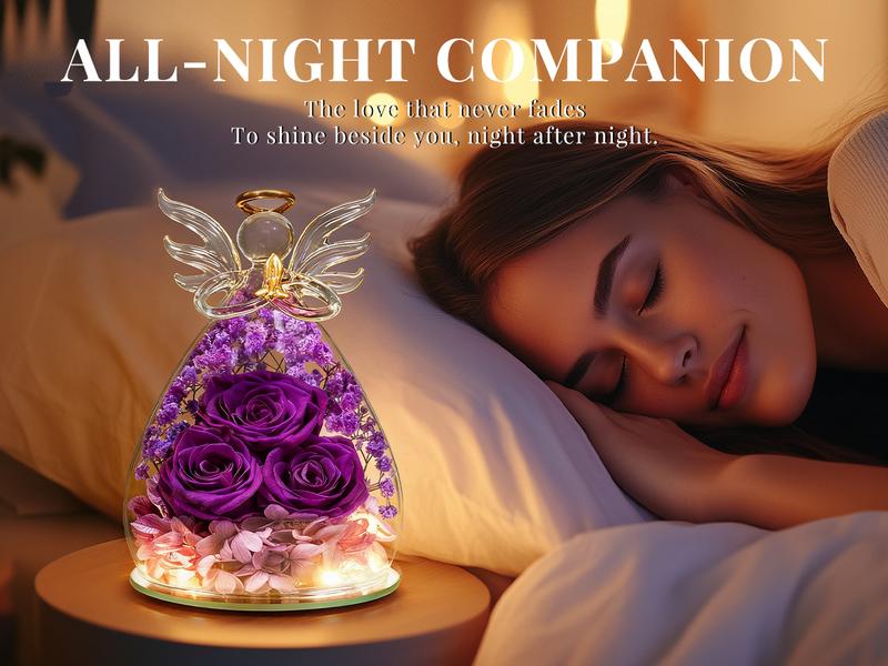 【Real Rose】DEEMEI Preserved Ross in Glass Angel Figurine Eternal Flower Valentine's Day Gift Idea for Her Mom Grandma Wife Women form Daughter