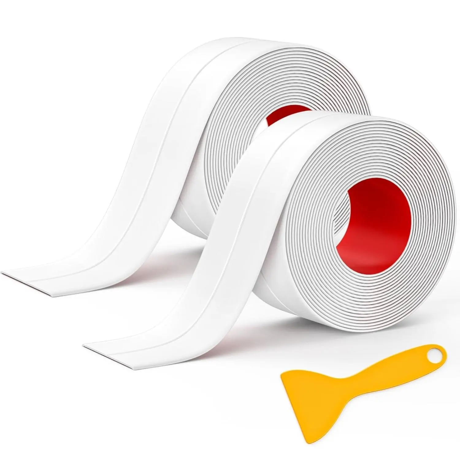 Waterproof Self-Adhesive Caulk Tape, 2 Rolls White Caulking Sealant Strips with Sealing Tool (1.5" x 10.5Ft) for Kitchen, Bathroom, Floor Wall Edge Protection, Includes Sealing Tool