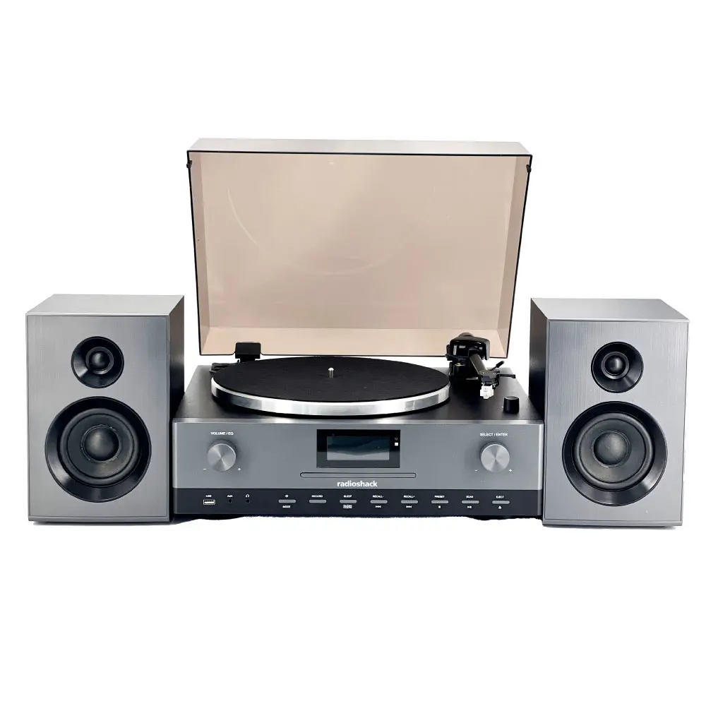 RadioShack 4001798 Tabletop Vinyl Player - 2-Channel Audio, ABS Plastic Build, 2 Detachable Hifi Speakers, CD, USB Input, Wireless Bluetooth Connectivity, Hifi Vinyl Playback