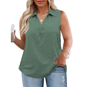 Womenswear Plus Size Tank Tops Summer Sleeveless Casual Shirts Lapel Breathable V Neck Tunics Eyelet Tees 2097,summervibes outdoorfun outdoorfun