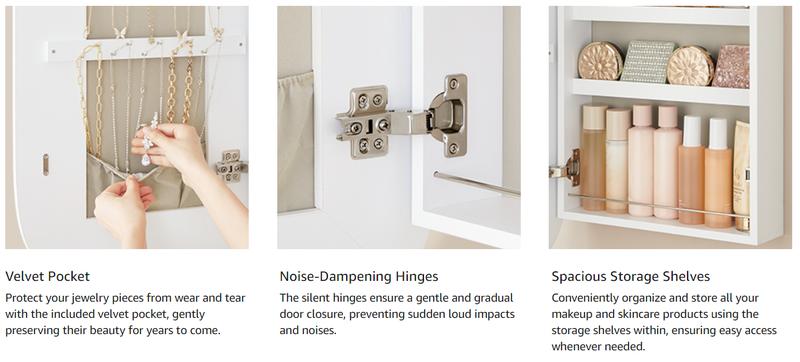 SONGMICS LED 360° Swivel Jewelry Cabinet Wall or Door Mounted, Lockable Rounded Wide Mirror with Storage, Interior Mirror Decor Design Furniture