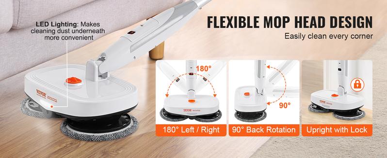VEVOR Cordless Electric Mop Sweeper, Electric Spin Mop with Water Tank, up to 40 mins Battery, LED Headlight, Dual Mop Heads, 4 Microfiber Pads & 4 Trapezoid Microfiber Pads, for Hardwood/Tile Floor