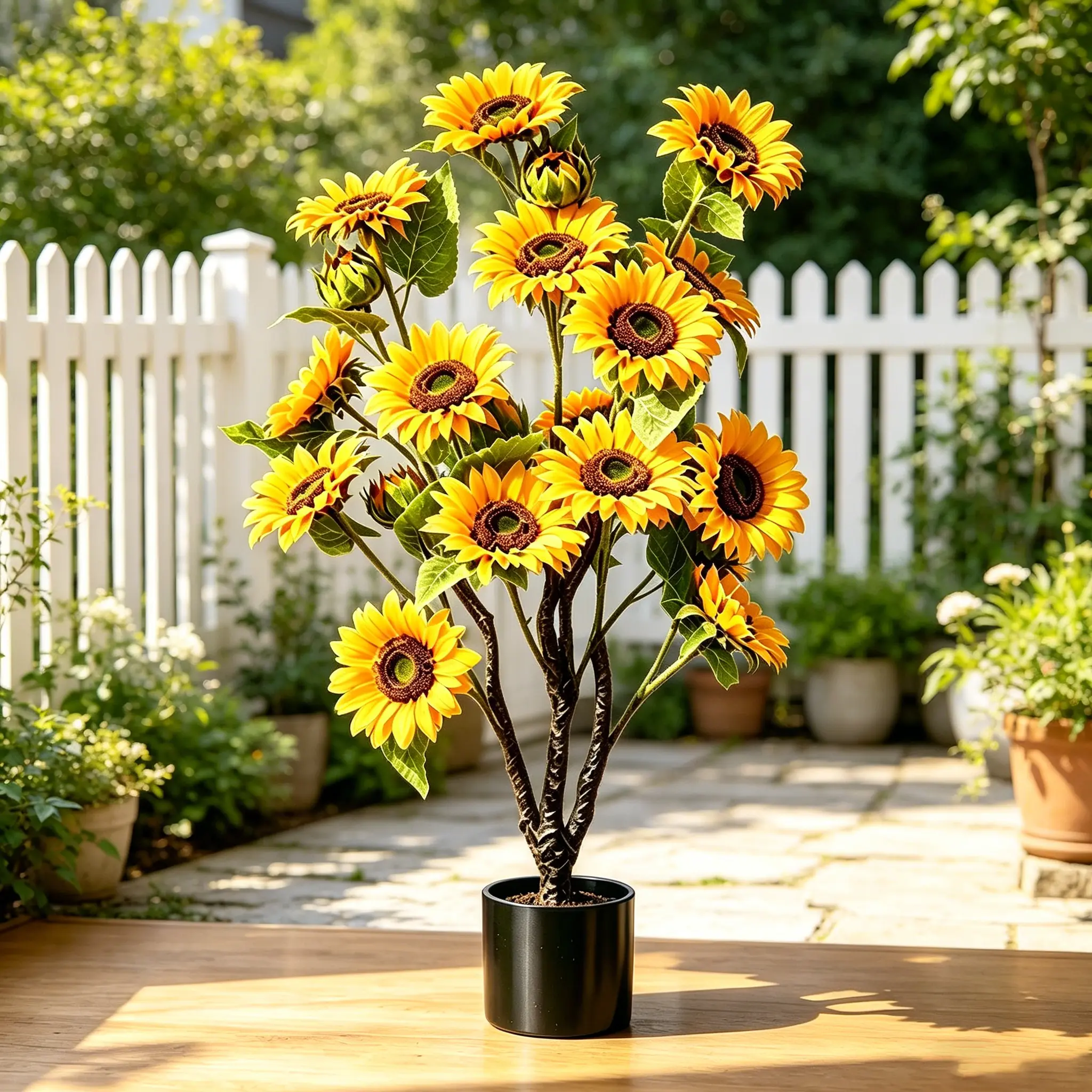 Lifelike Artificial Sunflower Potted Tree (3FT-4FT) - Pre-Potted Base, UV Resistant, Durable, Bright Yellow, No-Watering Artificial Outdoor Trees for Living Room, Wardrobe, Shed, Home Decor, Casual & Business Spaces
