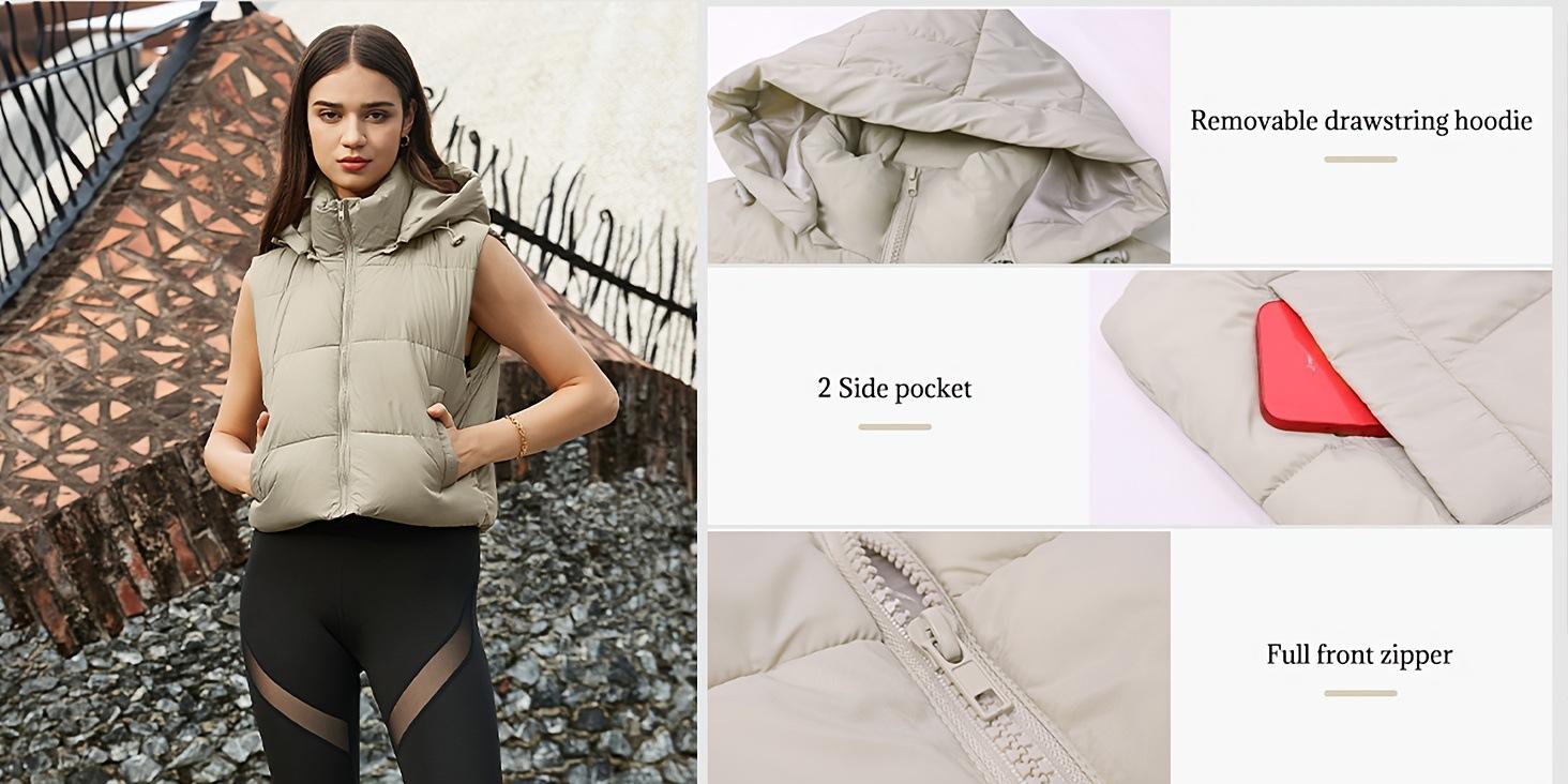 UANEO Women's Cropped Hooded Puffer Vest Zip-Up Quilted Sleeveless Puffy Gilet Pockets Lightweight Casual Outerwear with Adjustable Drawstring