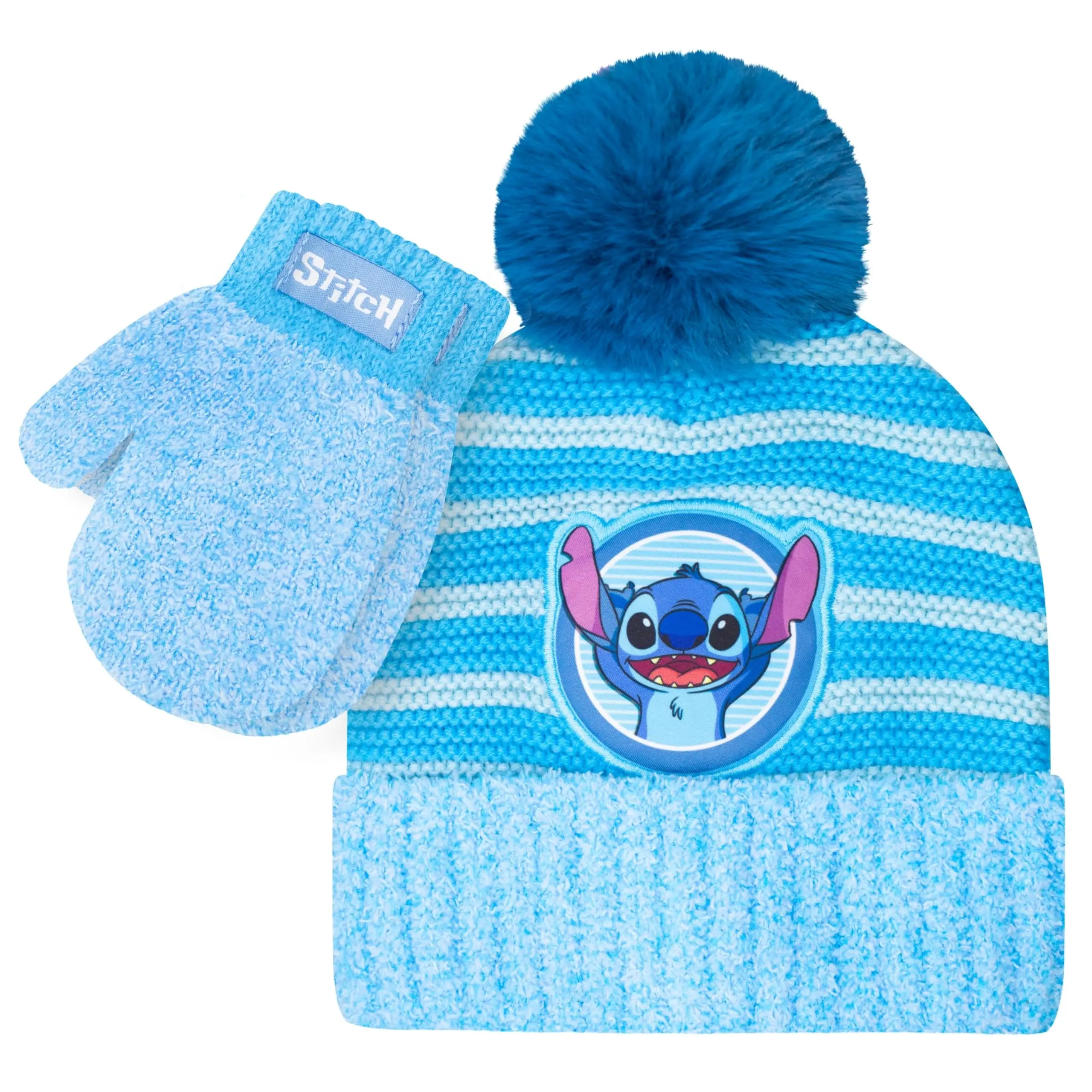 Disney Stitch Toddler Winter Beanie & Mittens Set - Soft Knit Pom-Pom Hat, Stretch Gloves for Boys & Girls, Ages 3-4