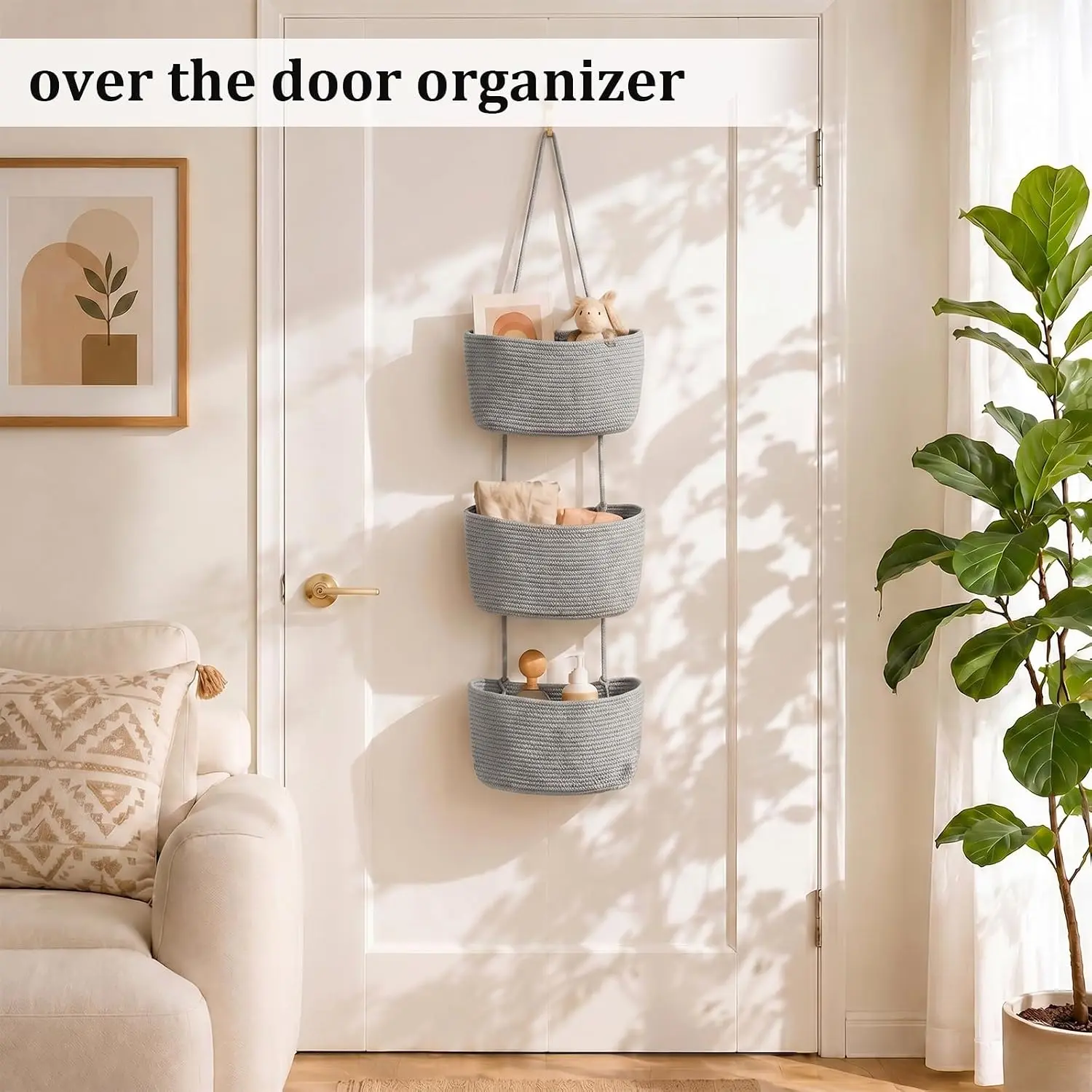 3-Tier Jute Weave Hanging Over-The-Door Organizer, Wall-Mounted Storage Basket for Toiletries, Baby Supplies in Bathroom/Nursery, Home Organization Solution