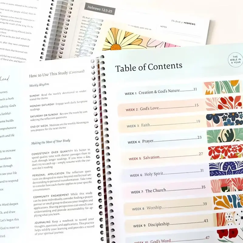 A one-year Bible 52-week The Bible in a Year journal withcute floral spiral notebook for daily scripture reading andnotes. Use this beautiful and easy-to-use tracker to planyour bible study each week,A holiday gift