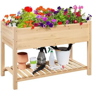 Yaheetech Wooden Raised Garden Bed Planter Box Fir Wood 4 Drainage Holes Tool Storage Shelf for Flower/Herb/Backyard/Patio
