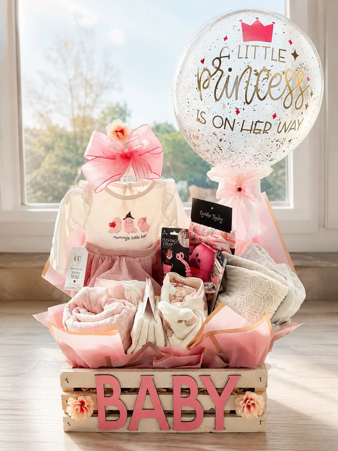 Baby Girl Gift Basket | Wood Crate Baby Shower Gift with Balloon & Keepsakes | Local Miami Delivery