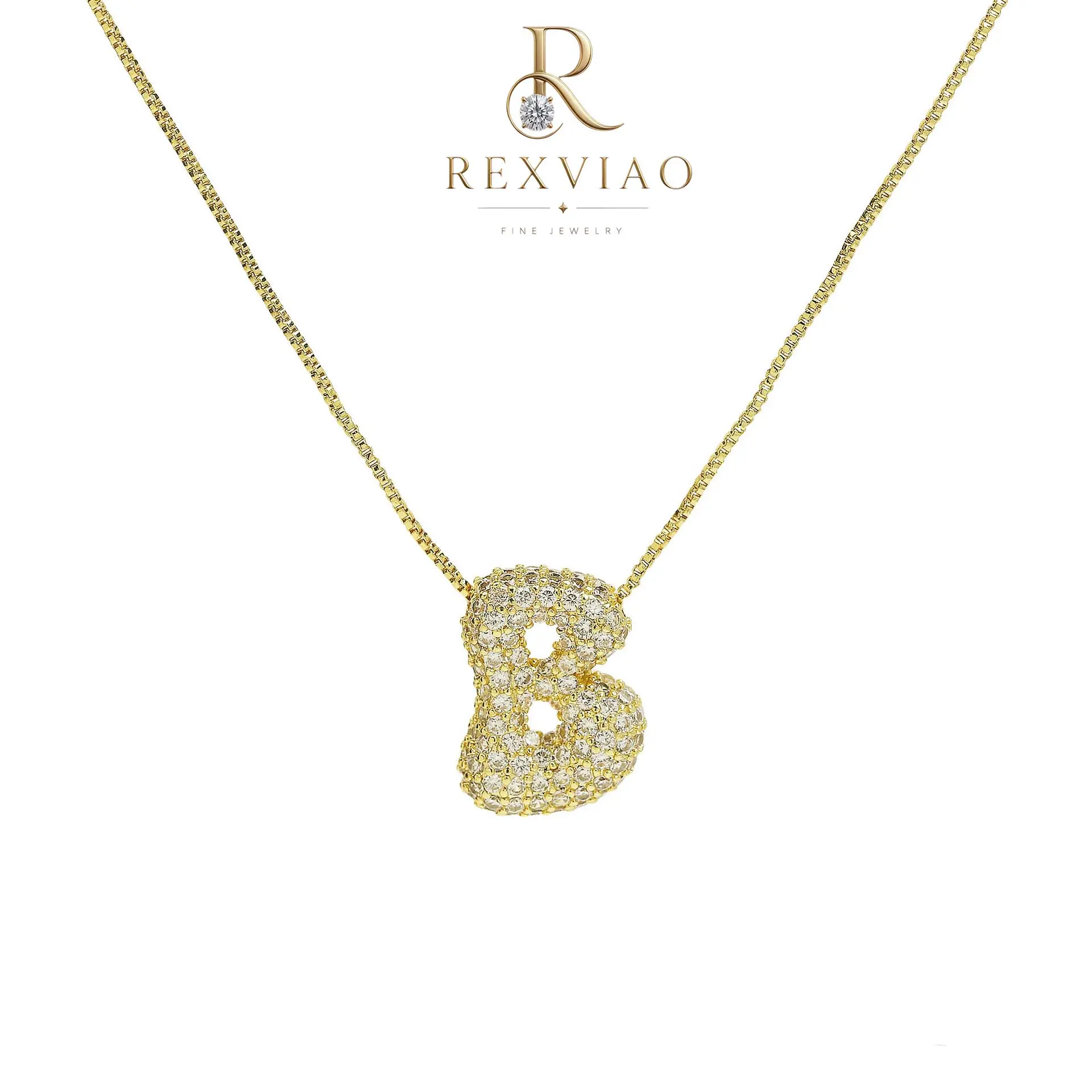 Rexviao Stylish Initial Necklace for Women with Cubic Zirconia Inlay & Bubble-Style Design | Box Chain | Personalized Letter Jewelry Gift for Loved Ones | Birthday Gift