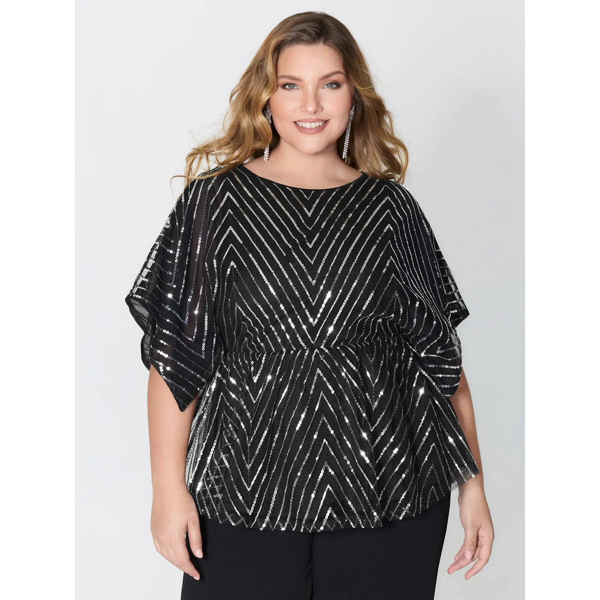 【Summer Turn-Up】BlOOMCHIC Plus Size Zigzag Sequin Stretchy Waist Blouse [M-6X] 2026 Summer Pick for Mother's Day Fit Womenswear Swimweek,Spotlight,Summer wins,Deals for your days